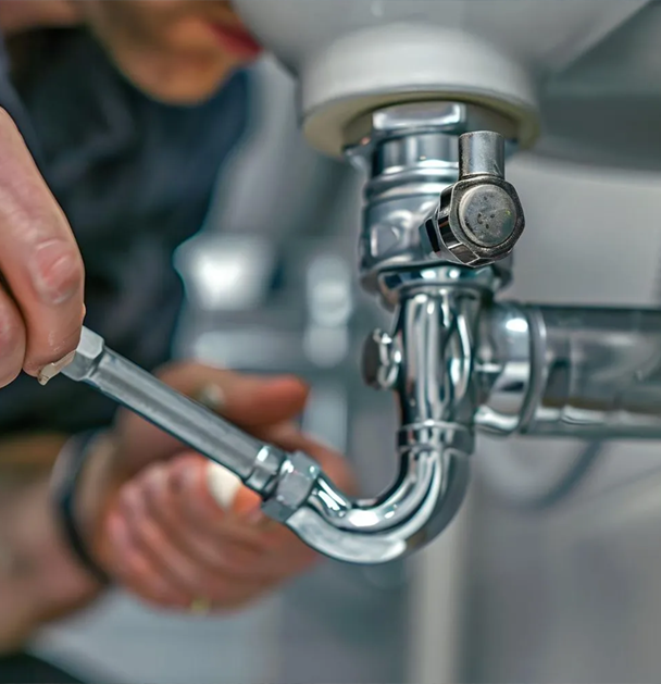 Person using a wrench to tighten a chrome pipe under a white sink.