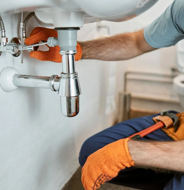 Plumber working under a white sink, wearing orange gloves, tightening pipes.