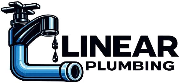 Logo for Linear Plumbing with a blue pipe forming an L.