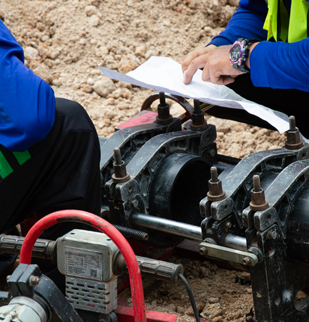 Workers examining blueprints at a construction site, near a pipe fusion machine, with dirt in the background.