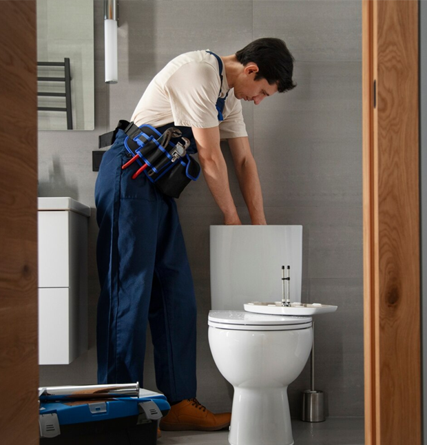 A person in a bathroom installing a toilet, wearing a tool belt and blue overalls.