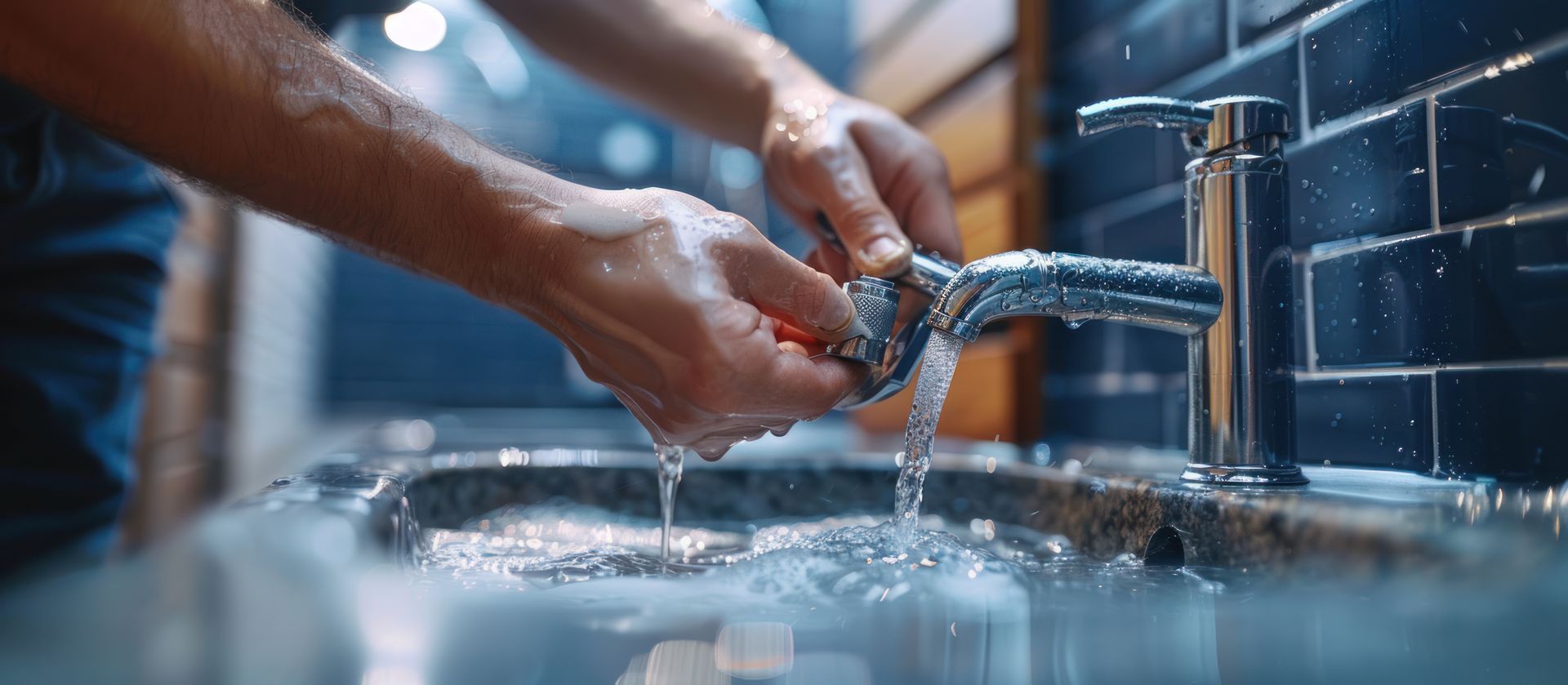Person washes hands under running water at a sink.