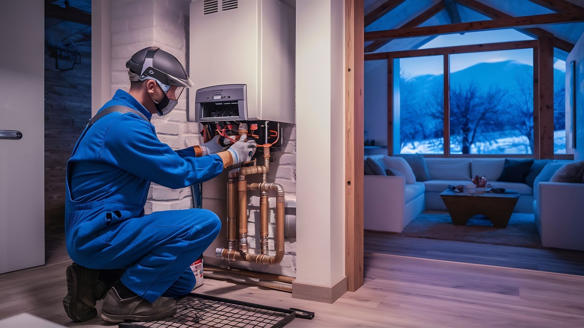 Man in blue coveralls works on a heating system inside a house with a mountain view.