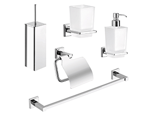 Chrome bathroom accessories set: toilet brush, cup holder, soap dispenser, toilet paper holder, and towel bar.