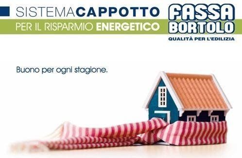 A miniature house wrapped in a red and white scarf, with text advertising energy-saving building products.