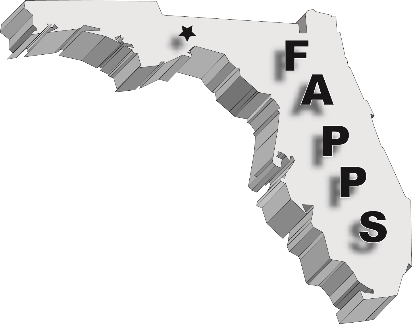 Florida map with the letters FAPPS on the eastern side and a star in the northwest.