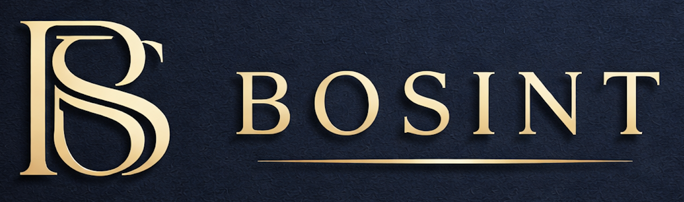 Gouden logo met overlappend "PS"-monogram en "BOSINT"-tekst op een donkerblauwe achtergrond.