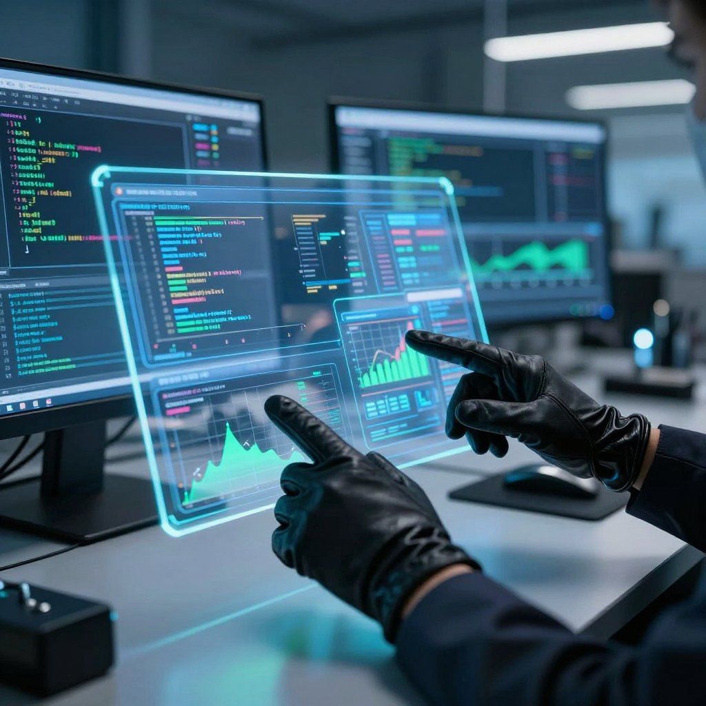 Een persoon met zwarte handschoenen interacteert met een gloeiend, futuristisch, transparant scherm, omringd door computermonitoren waarop code en grafieken worden weergegeven.