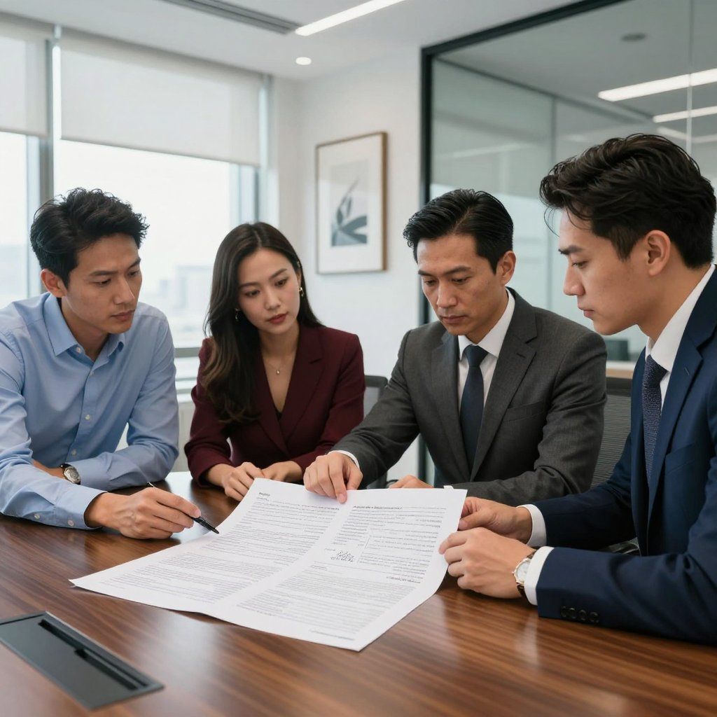 Vier zakenmensen bekijken een document aan een vergadertafel in een kantooromgeving.