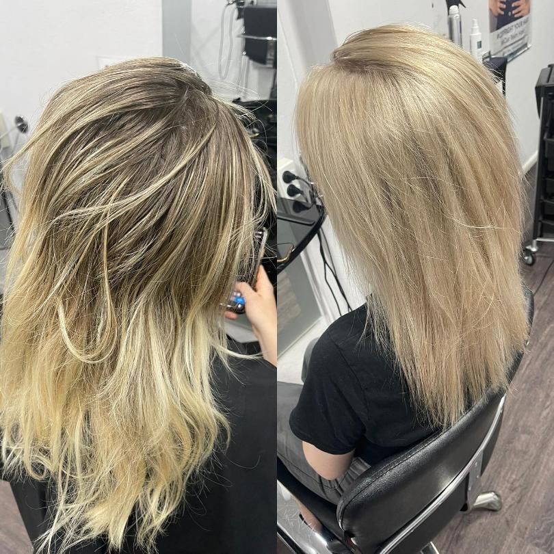 A Before and After Photo of A Woman's Hair Color Retouched — Main Hair Design in Armidale, NSW