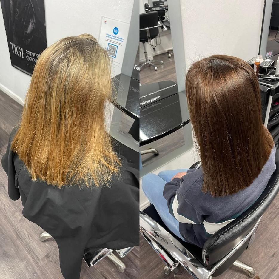 A Before and After Photo of A Woman Getting Her Hair Cut in A Salon — Main Hair Design in Armidale, NSW