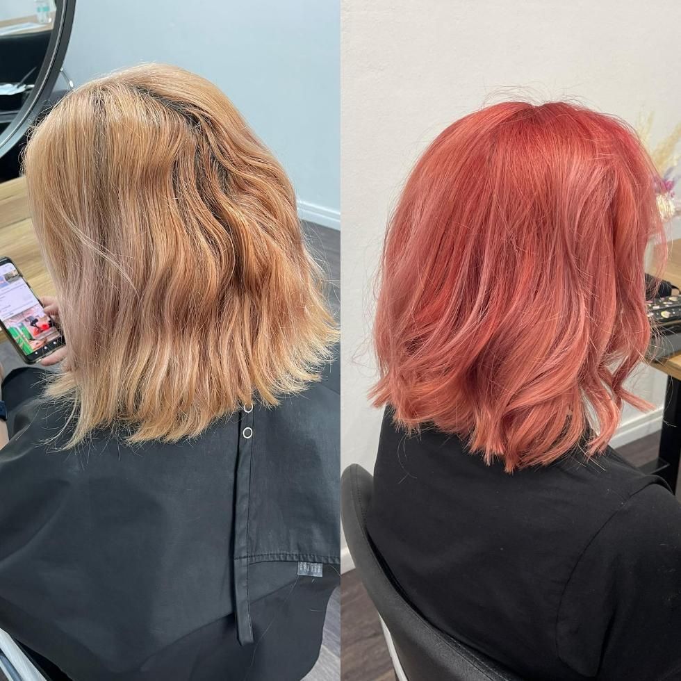 A Before and After Photo of A Woman's Hair Being Dyed Red — Main Hair Design in Armidale, NSW