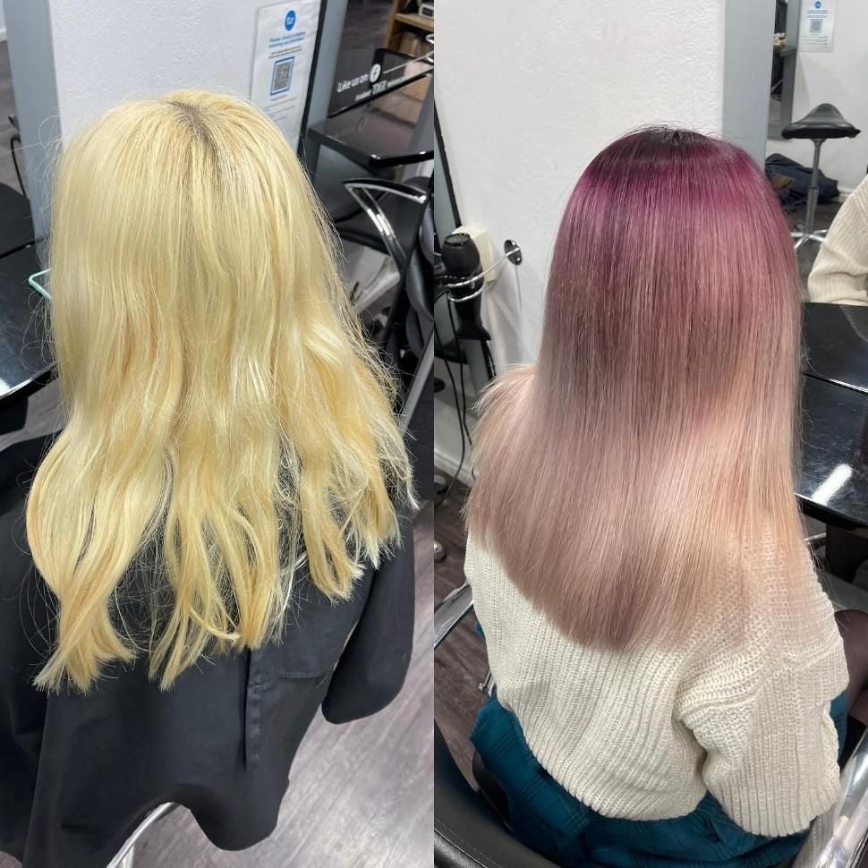 A Before and After Photo of A Woman's Hair with Purple Hair Color — Main Hair Design in Armidale, NSW