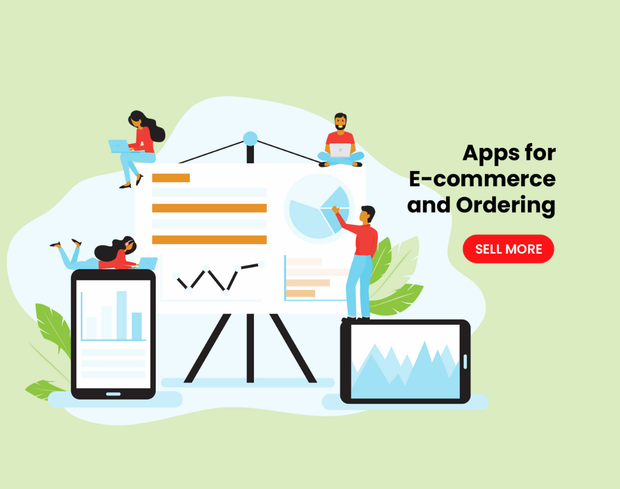A cartoon illustration of apps for e-commerce and ordering.