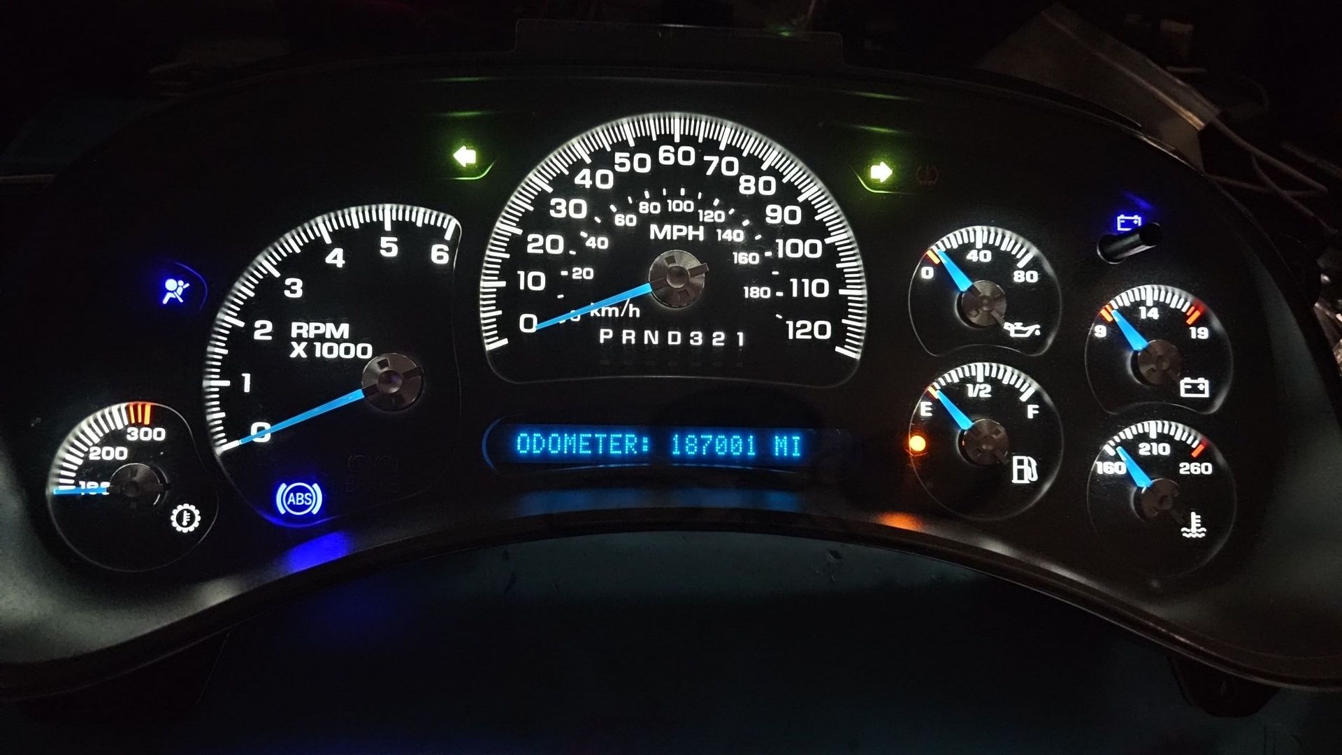 A close up of a car dashboard at night