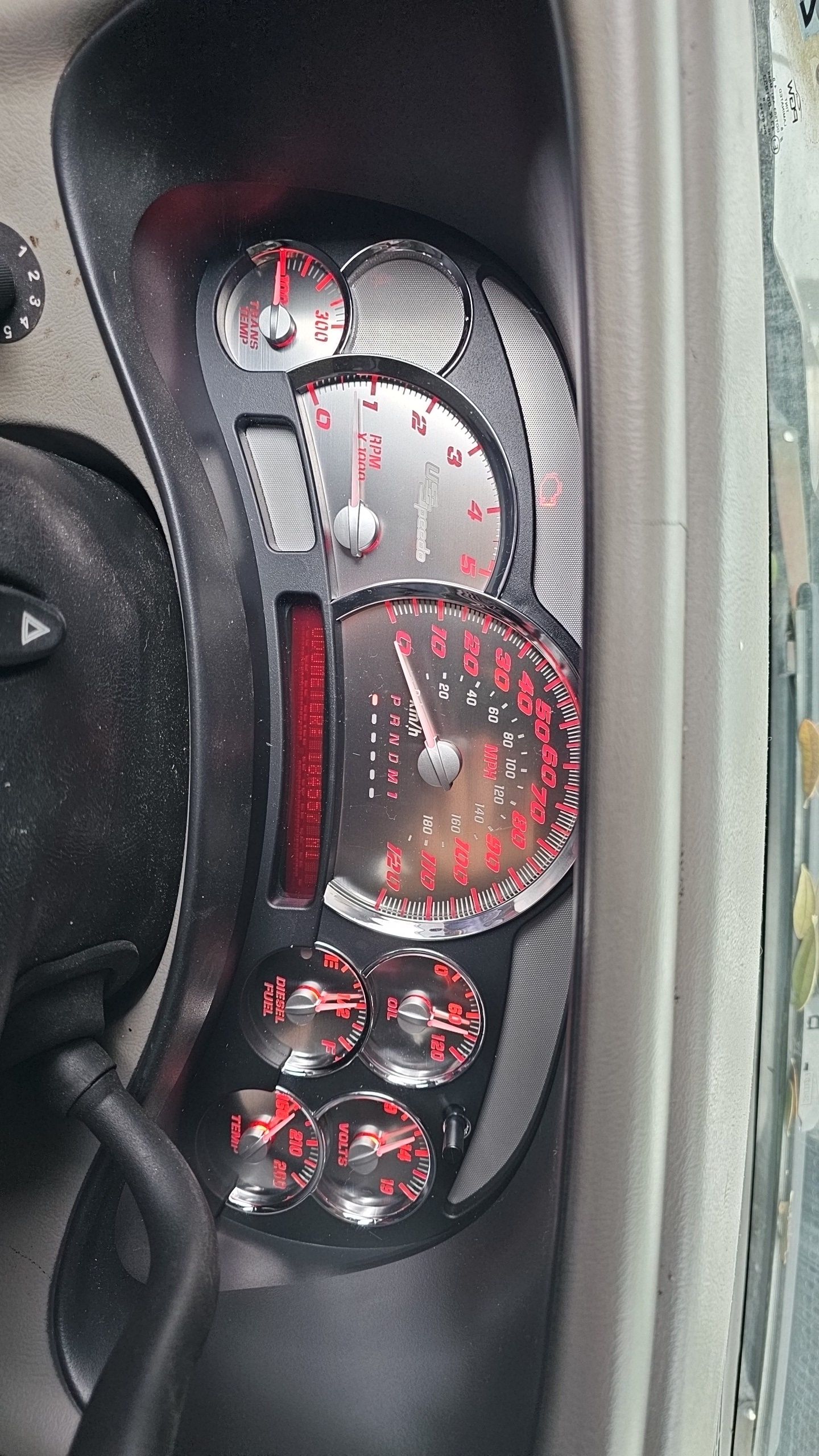 A close up of a car dashboard with a speedometer and a clock