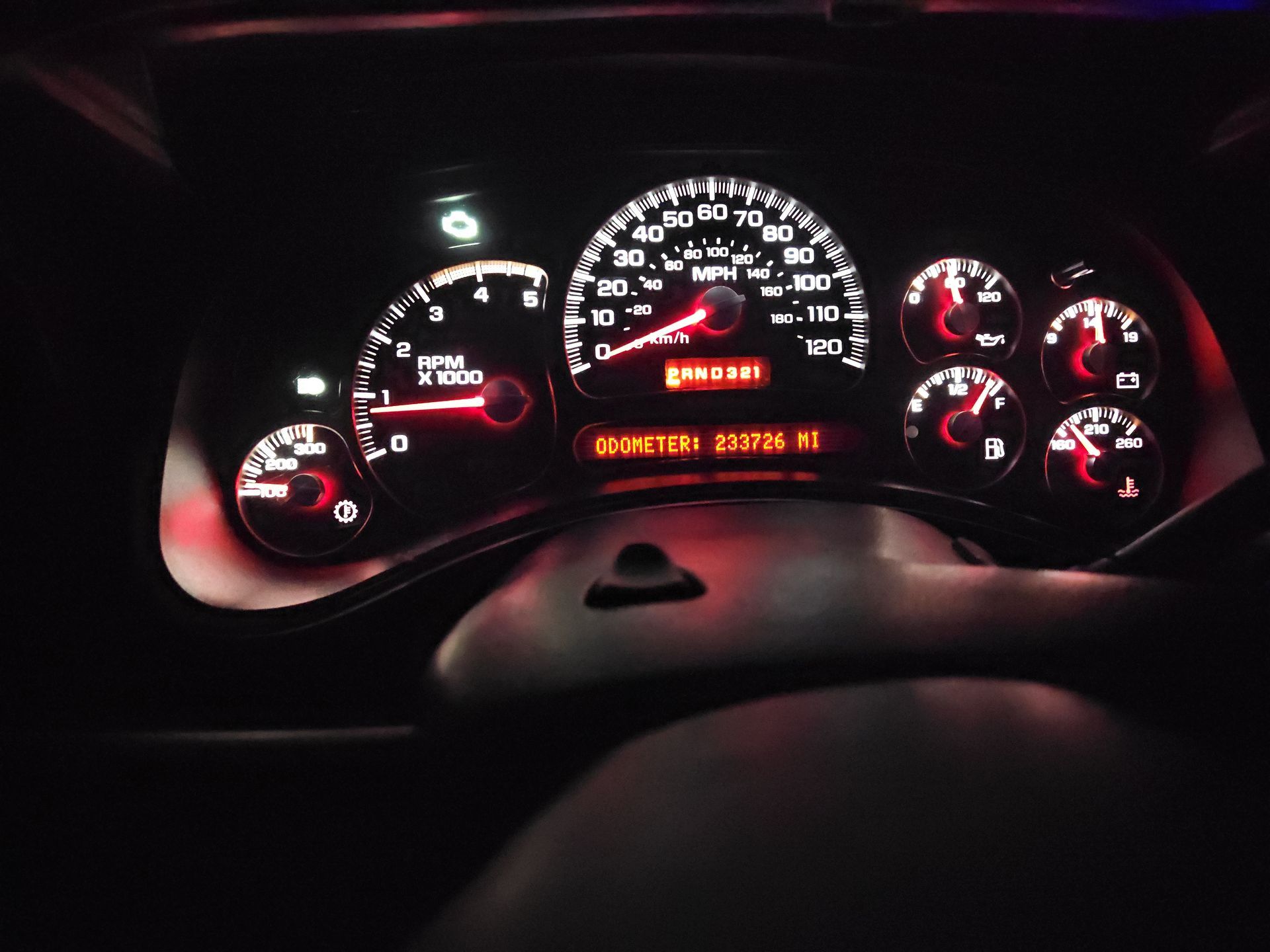 A close up of a car dashboard at night
