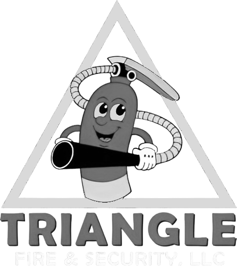 Cartoon fire extinguisher holding hose in a triangle with 
