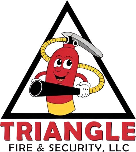 Red cartoon fire extinguisher in a black triangle, holding nozzle; company logo for Triangle Fire & Security.