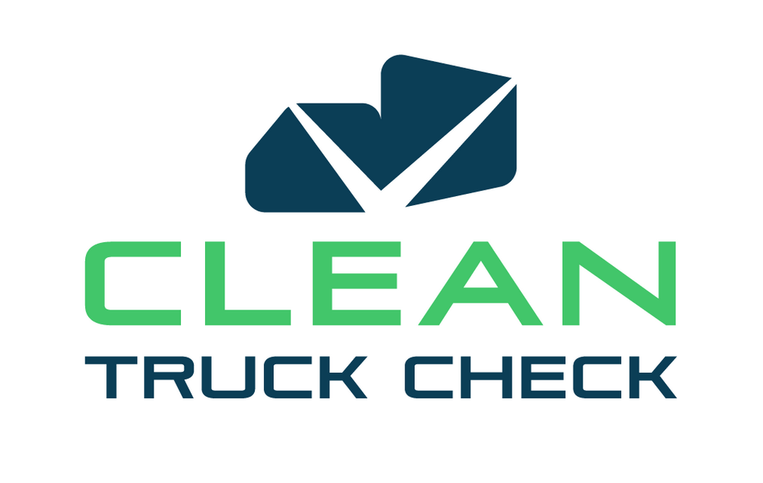 Logo for Clean Truck Check, featuring a blue truck outline with a check mark and green text.