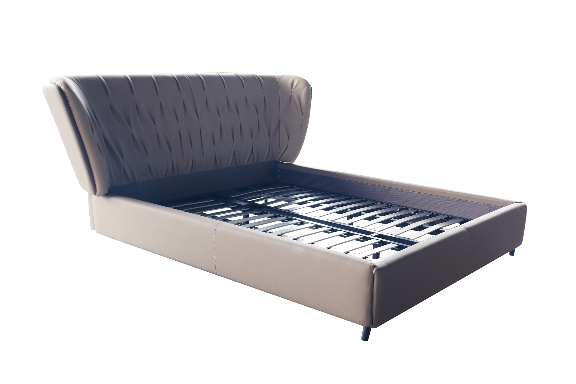 A bed frame with a headboard and mattress on a white background.