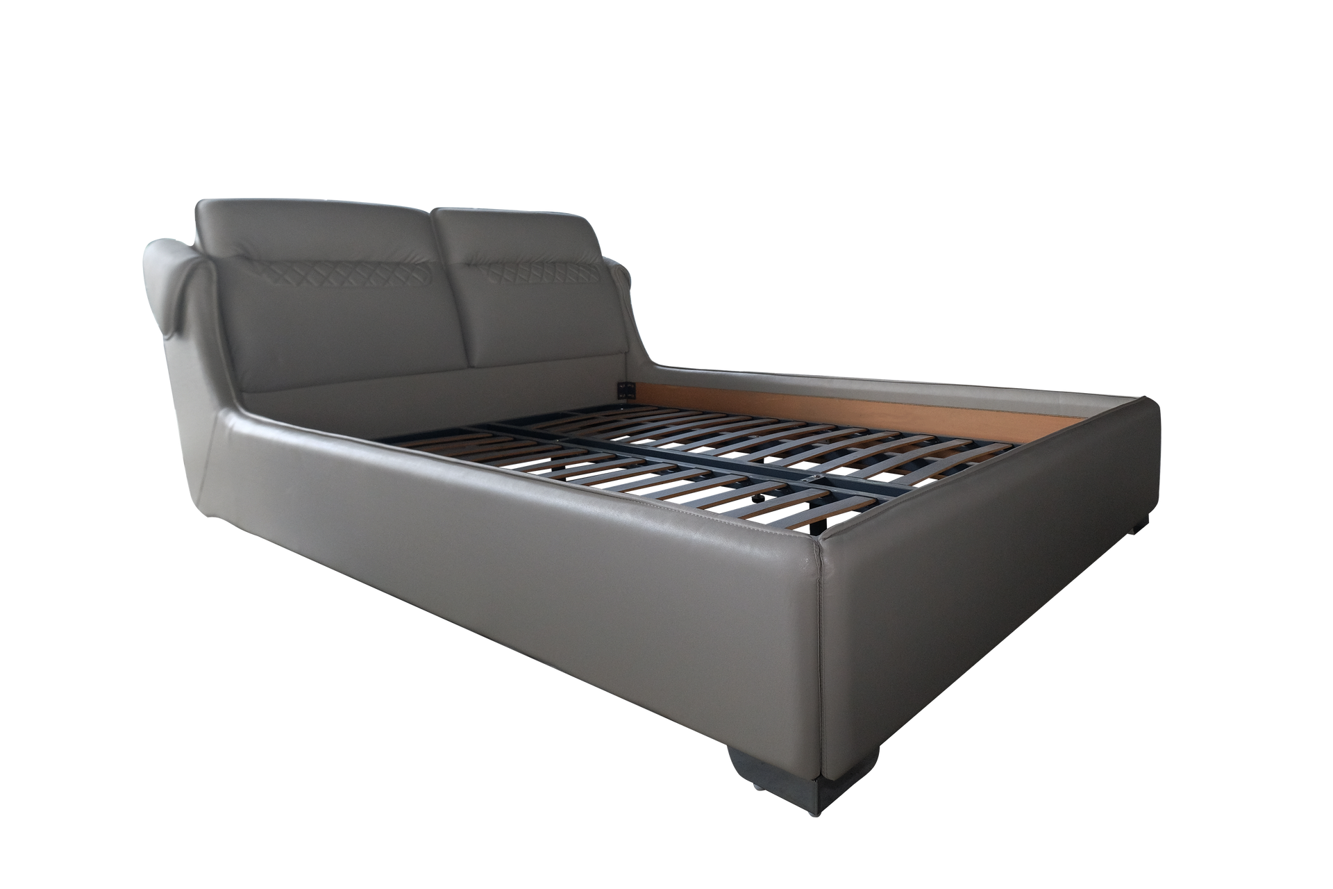 A bed with a mattress and a headboard on a white background.