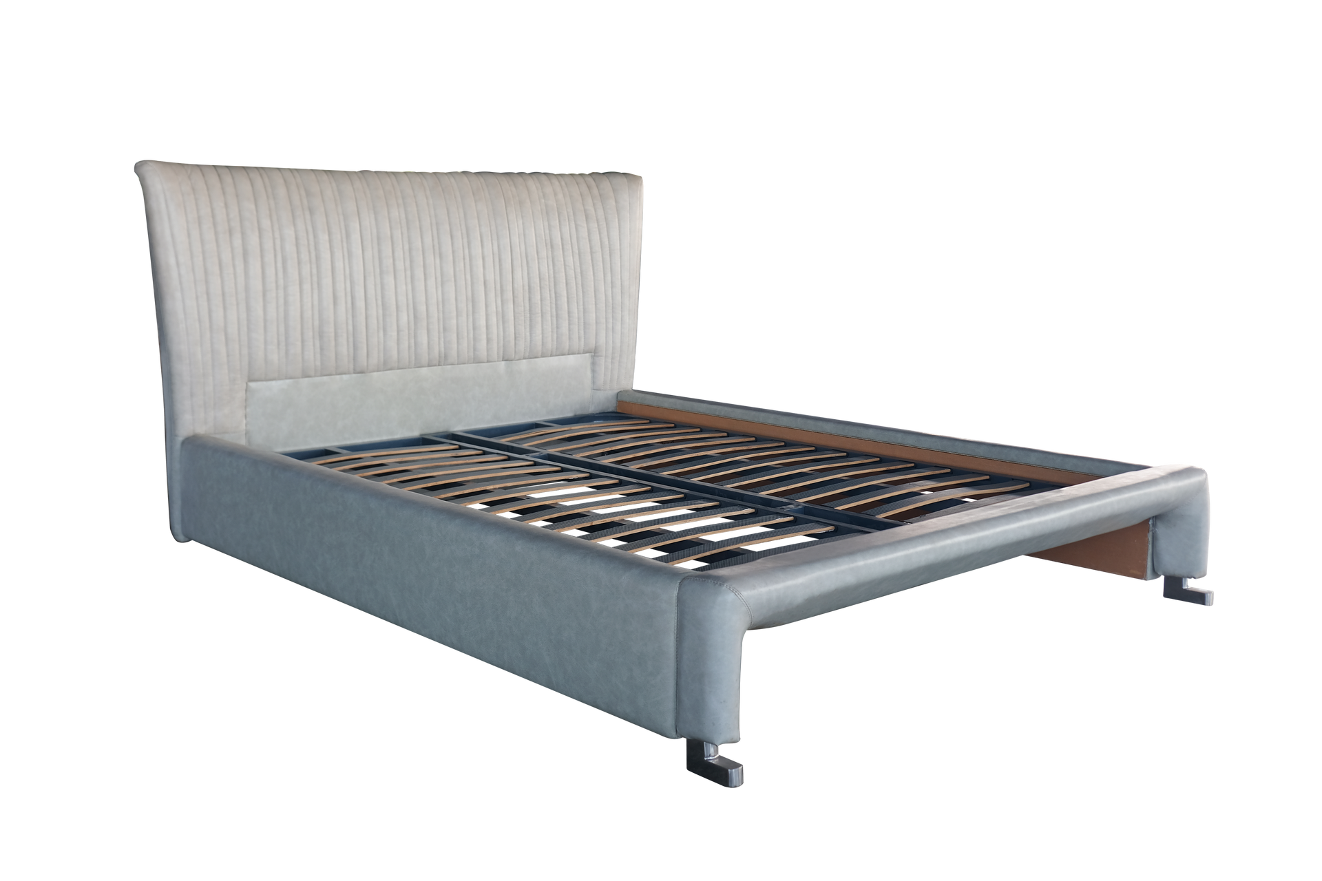 A bed with a headboard and a bed frame on a white background.