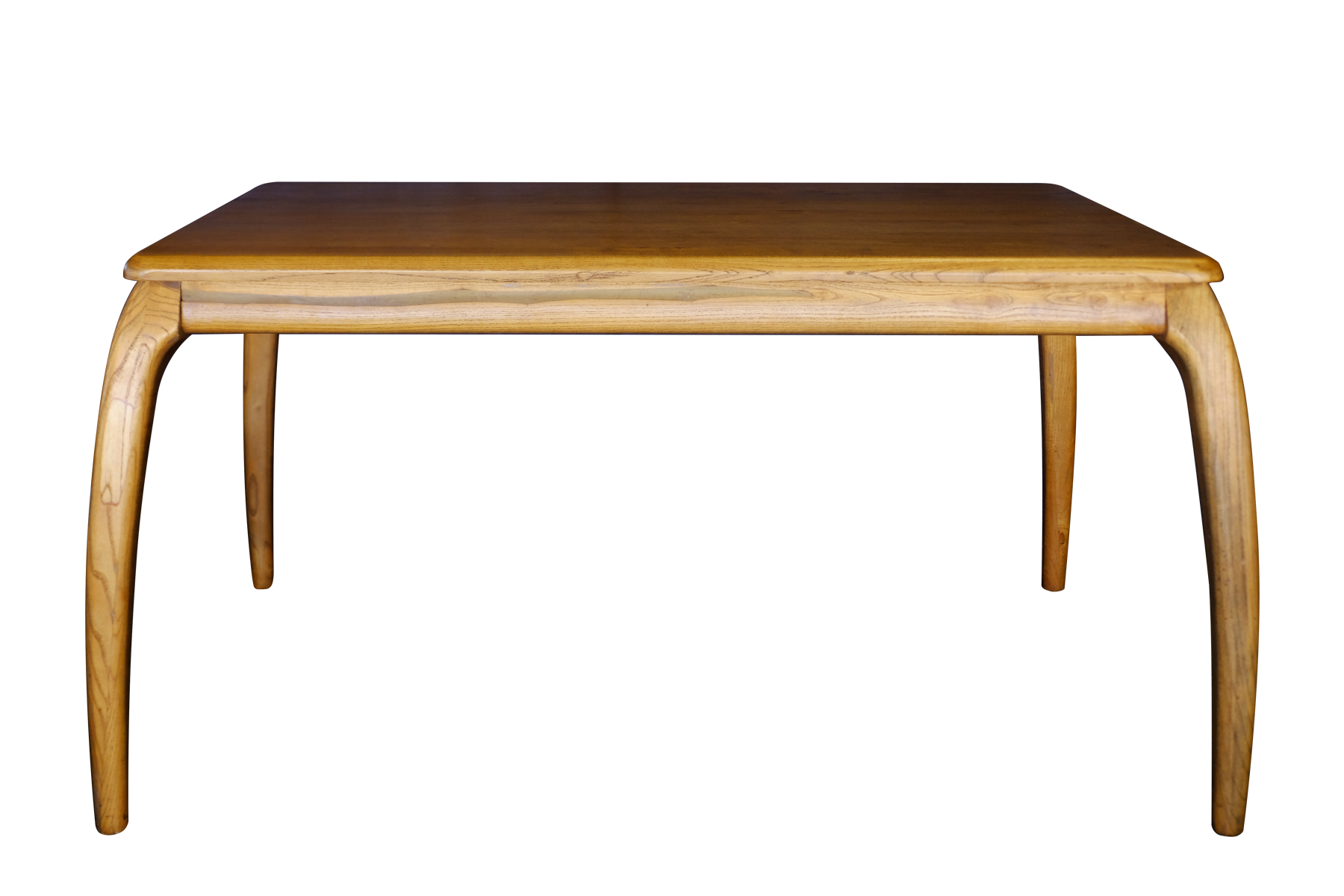 A wooden table with curved legs on a white background