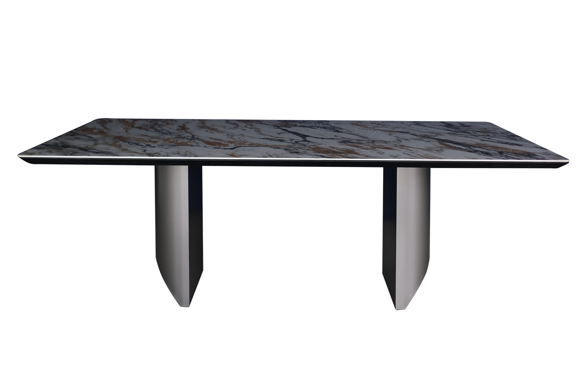 A black table with two metal legs on a white background.