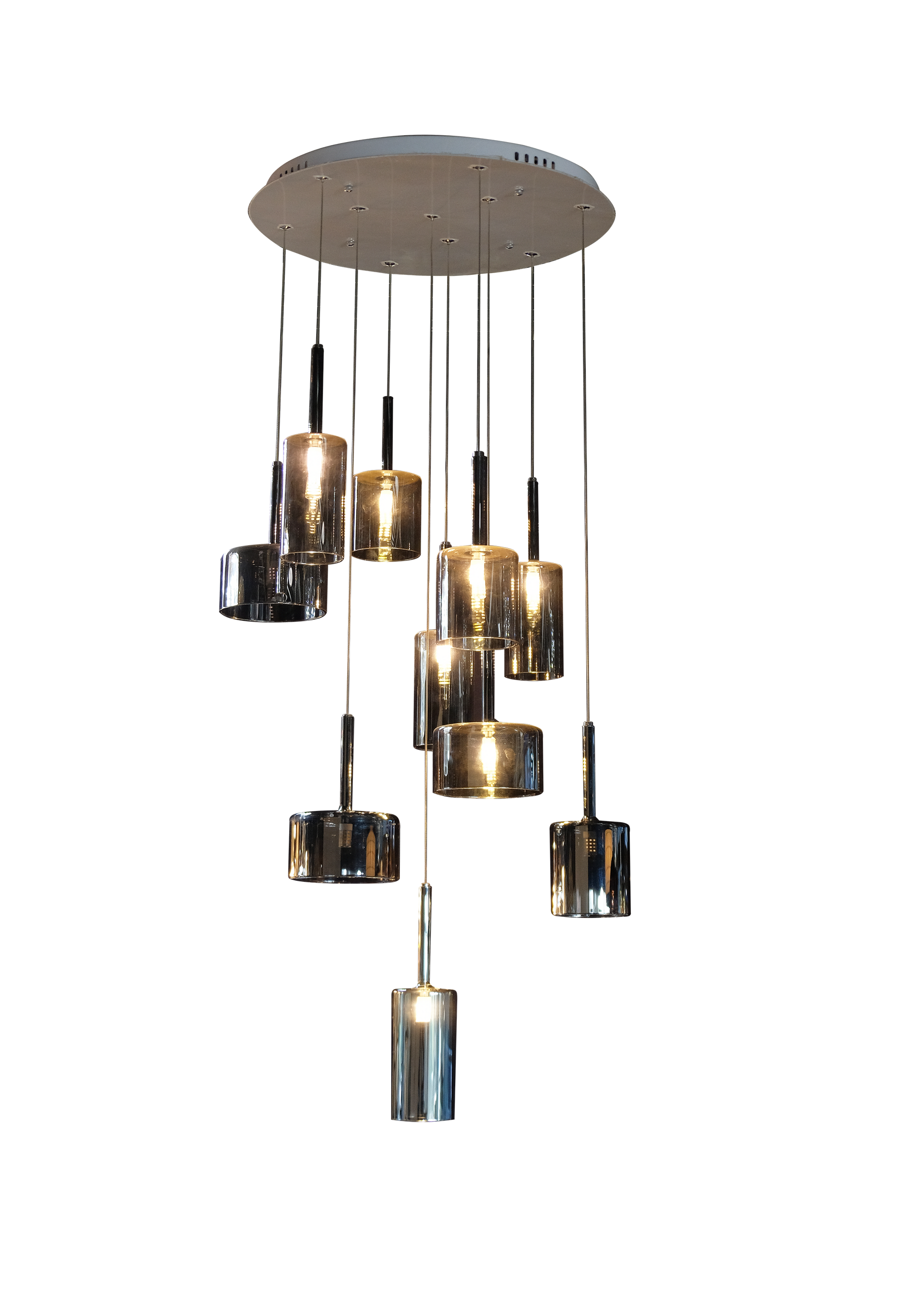 A cluster of pendant lights hanging from a ceiling on a white background.