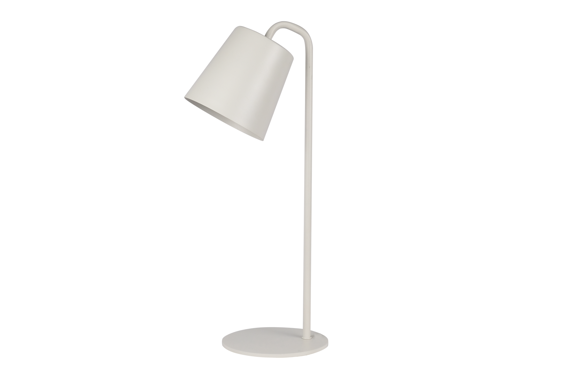 A white table lamp with a white shade on a white background.