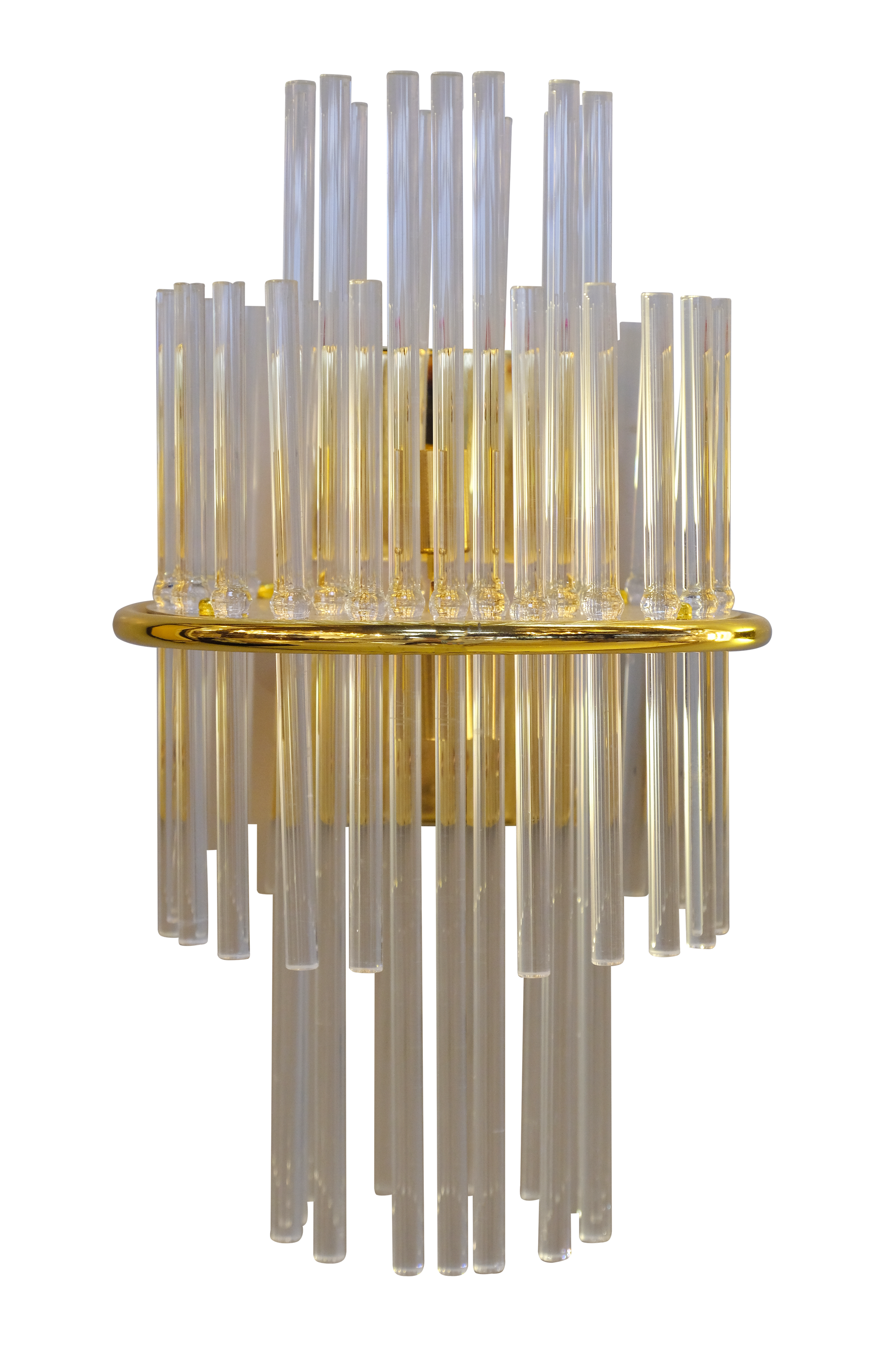 A wall light with clear glass tubes on a white background.