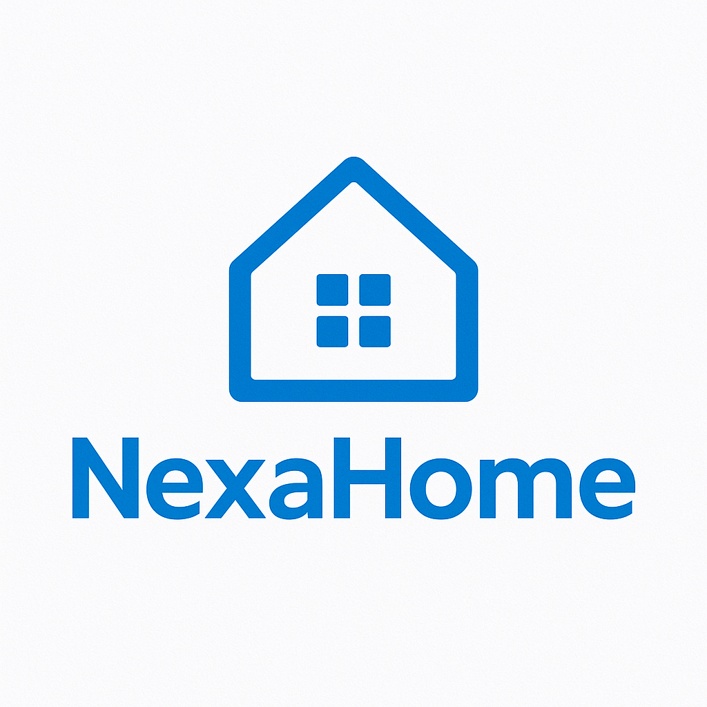 The logo for nexahome is a blue house with a window.