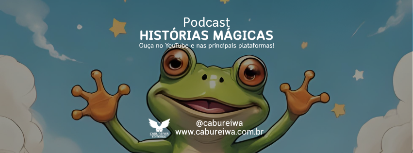 Sapo estendendo as mãos em meio a nuvens brancas no céu. Logotipo do podcast com o título 