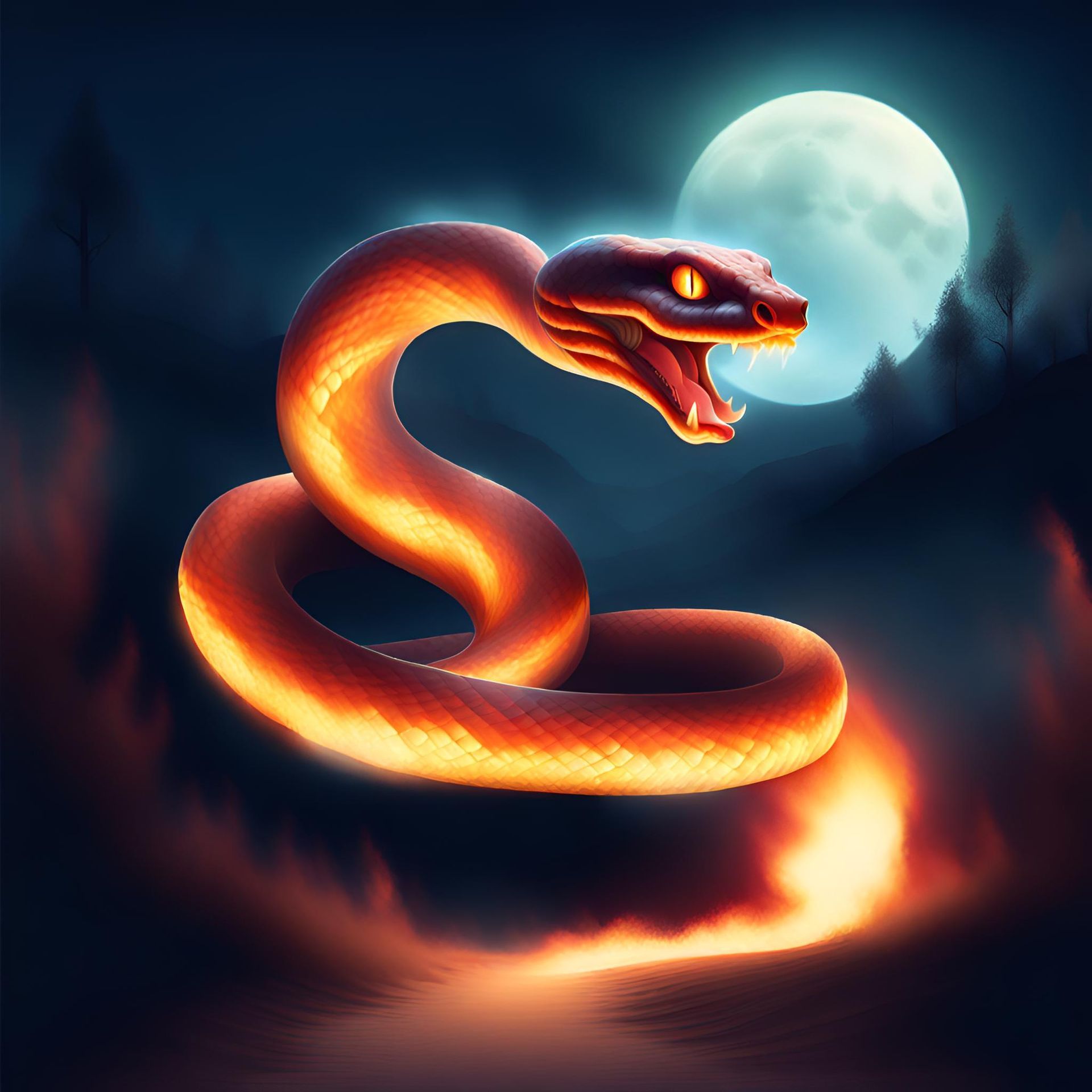 Cobra de fogo em um pico com um caminho brilhante, sob uma lua cheia em um céu noturno.
