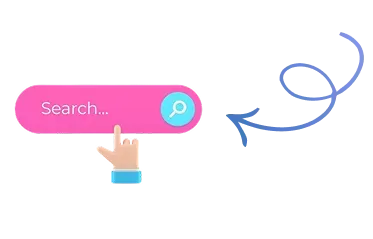 A hand is pointing at a search button next to an arrow.