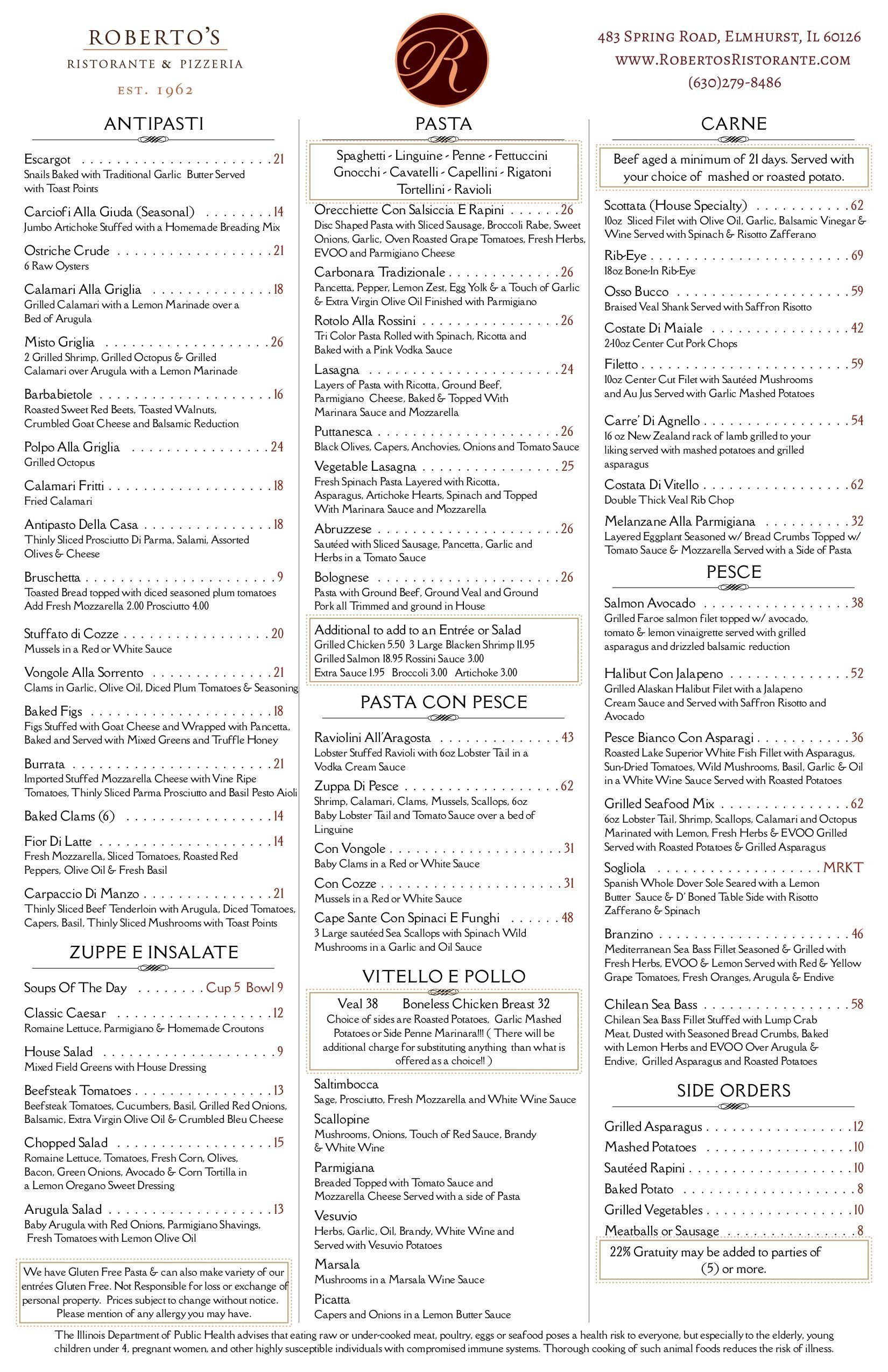 A menu for a restaurant with a lot of food on it.
