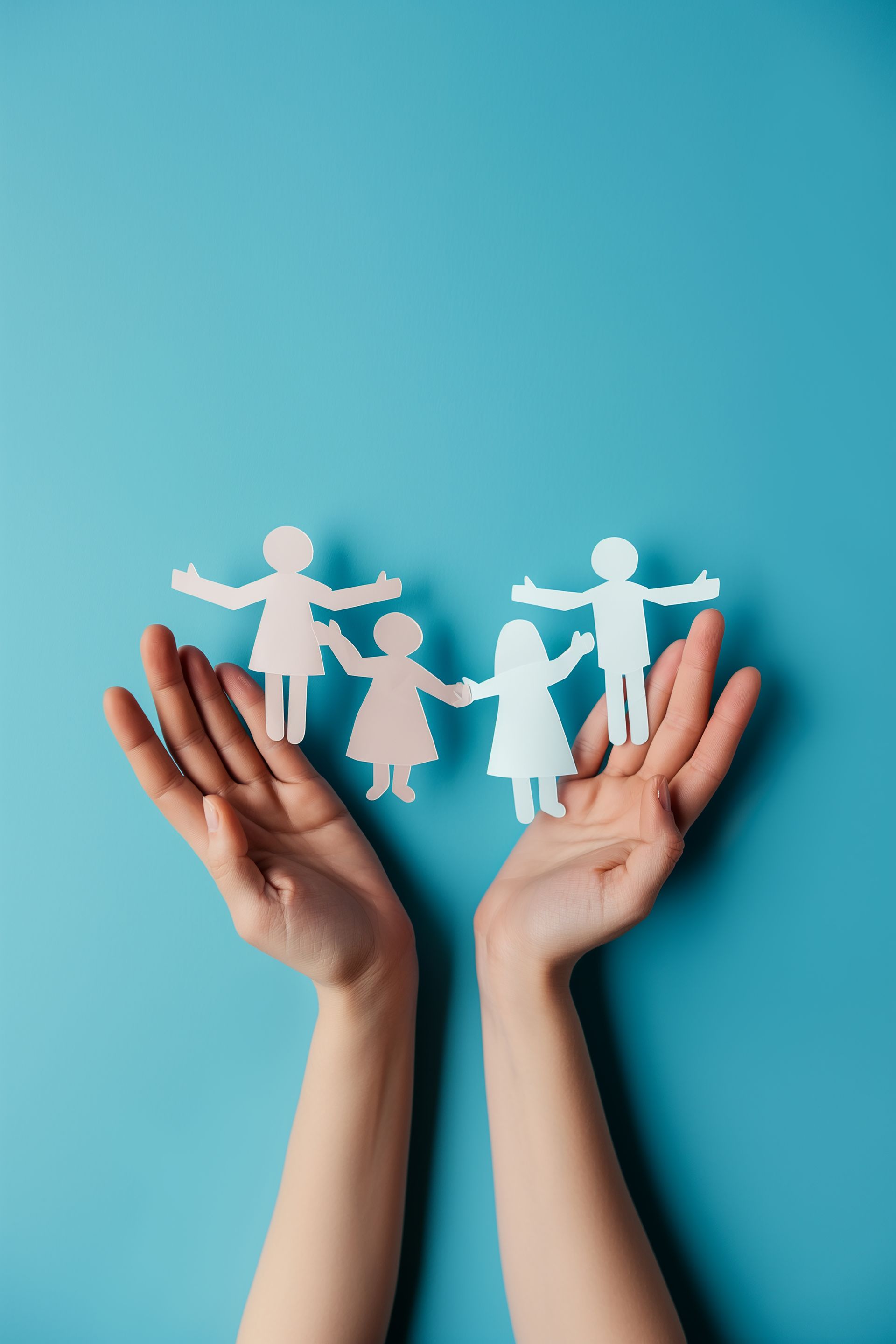 Two hands cupped together against a blue background, holding a chain of four cutout paper figures. Two hands cupped together against a blue background, holding a chain of four cutout paper figures.