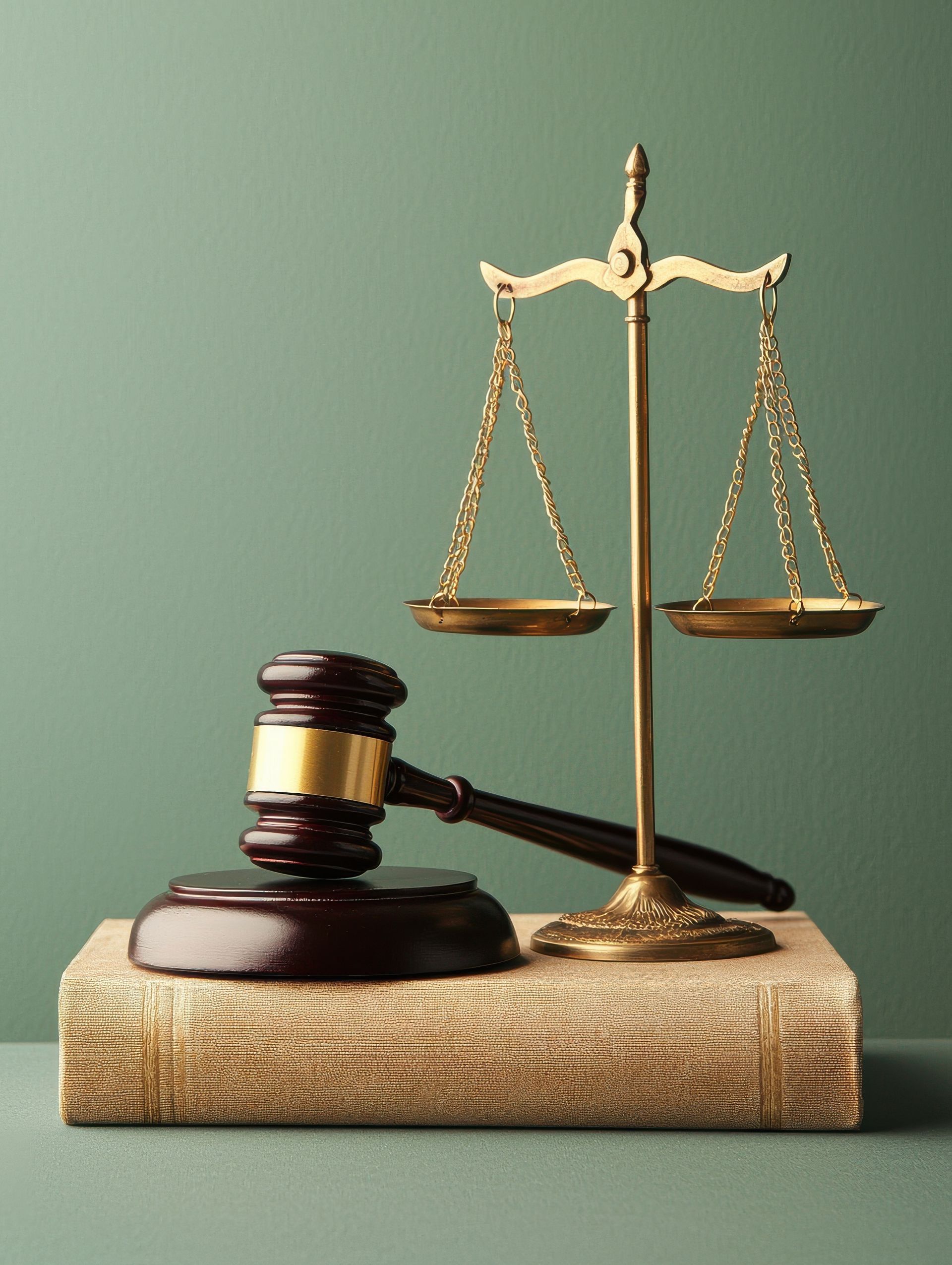 A wooden gavel resting on a thick book next to a gold scales of justice set against a solid green background. A wooden gavel resting on a thick book next to a gold scales of justice set against a solid green background.
