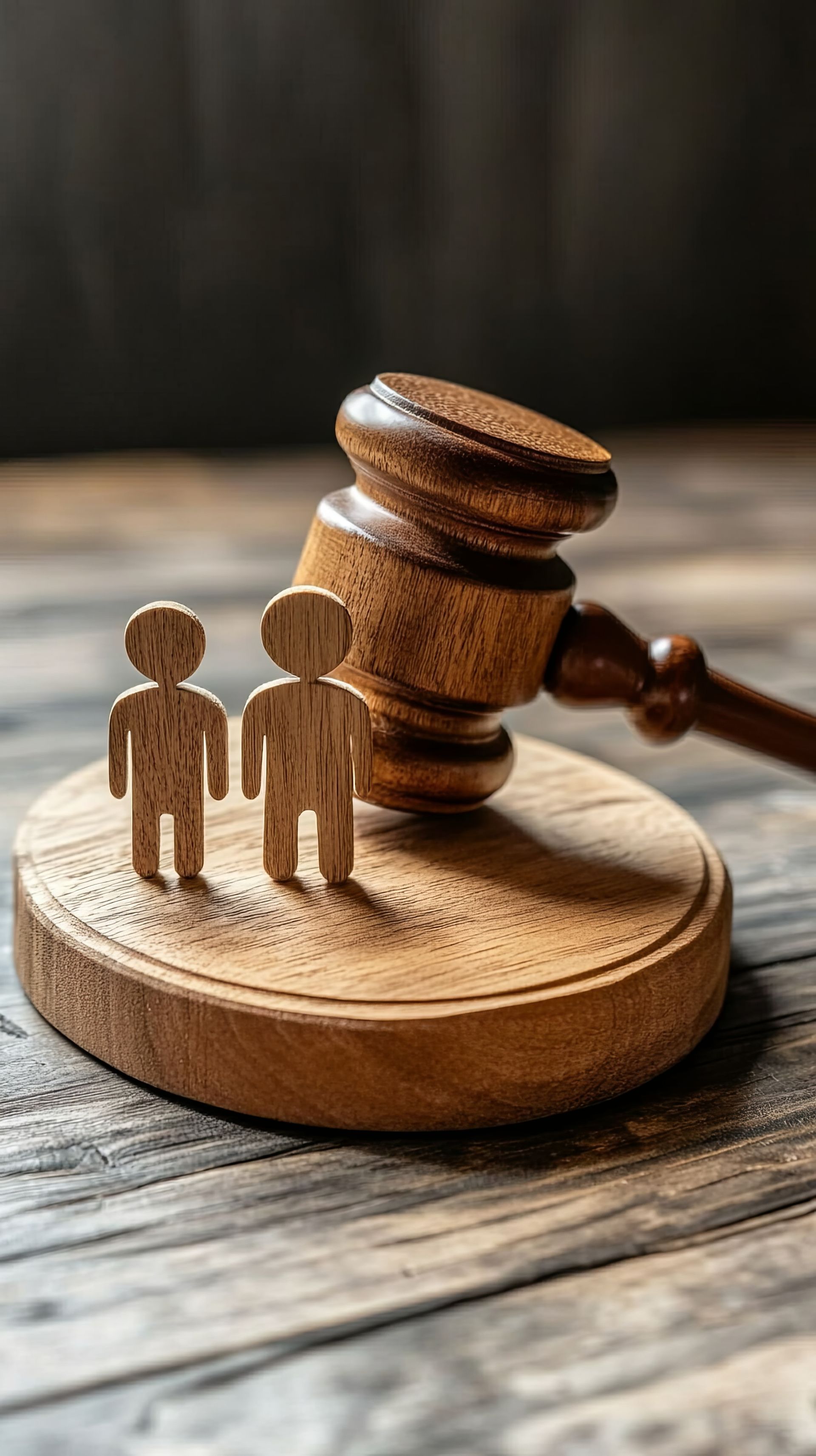 A wooden gavel rests on its block next to two small, stylized wooden human figures on a rustic wood surface.