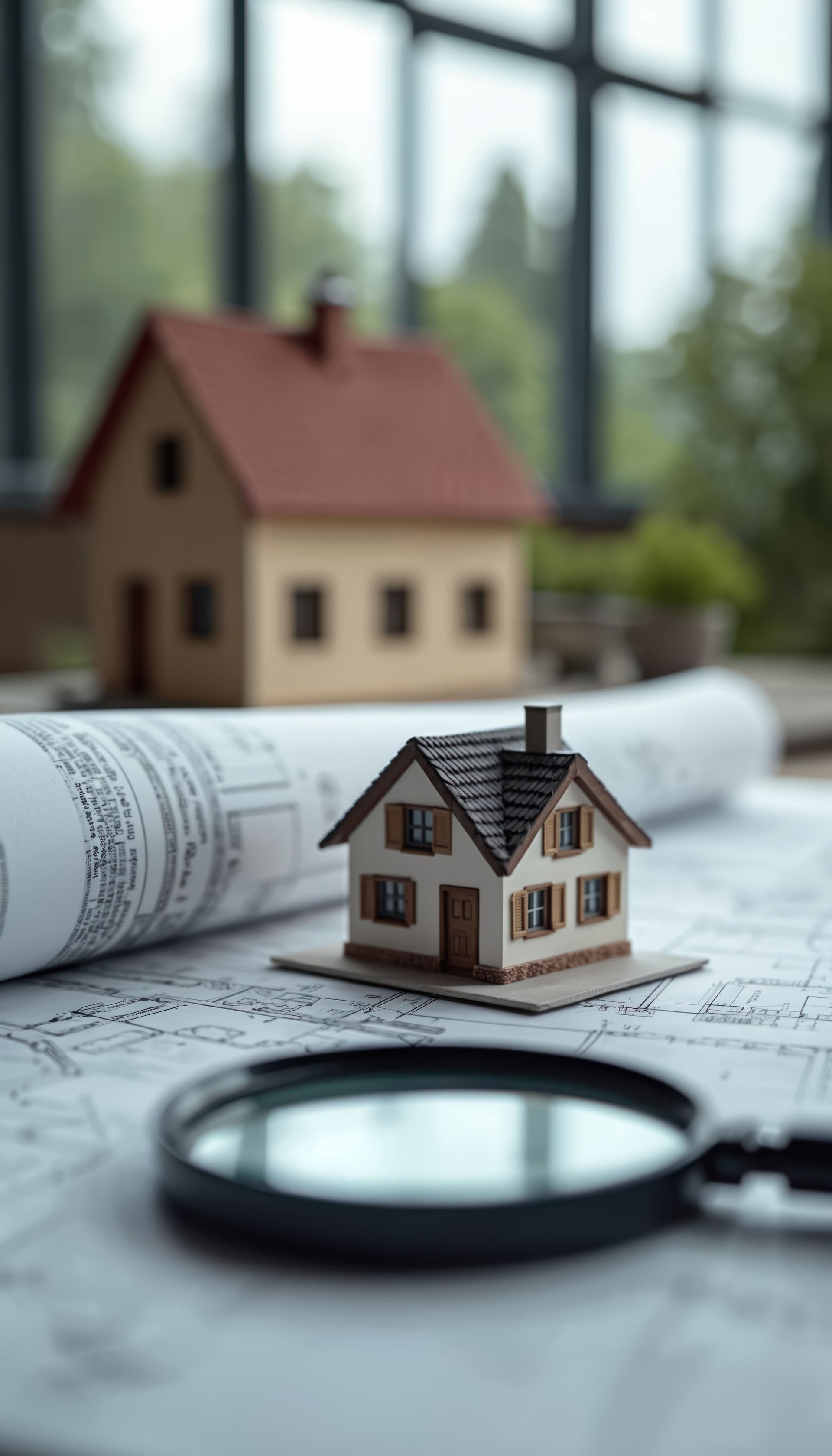 A small house model sits on architectural blueprints next to a magnifying glass, with a larger model house in the background.