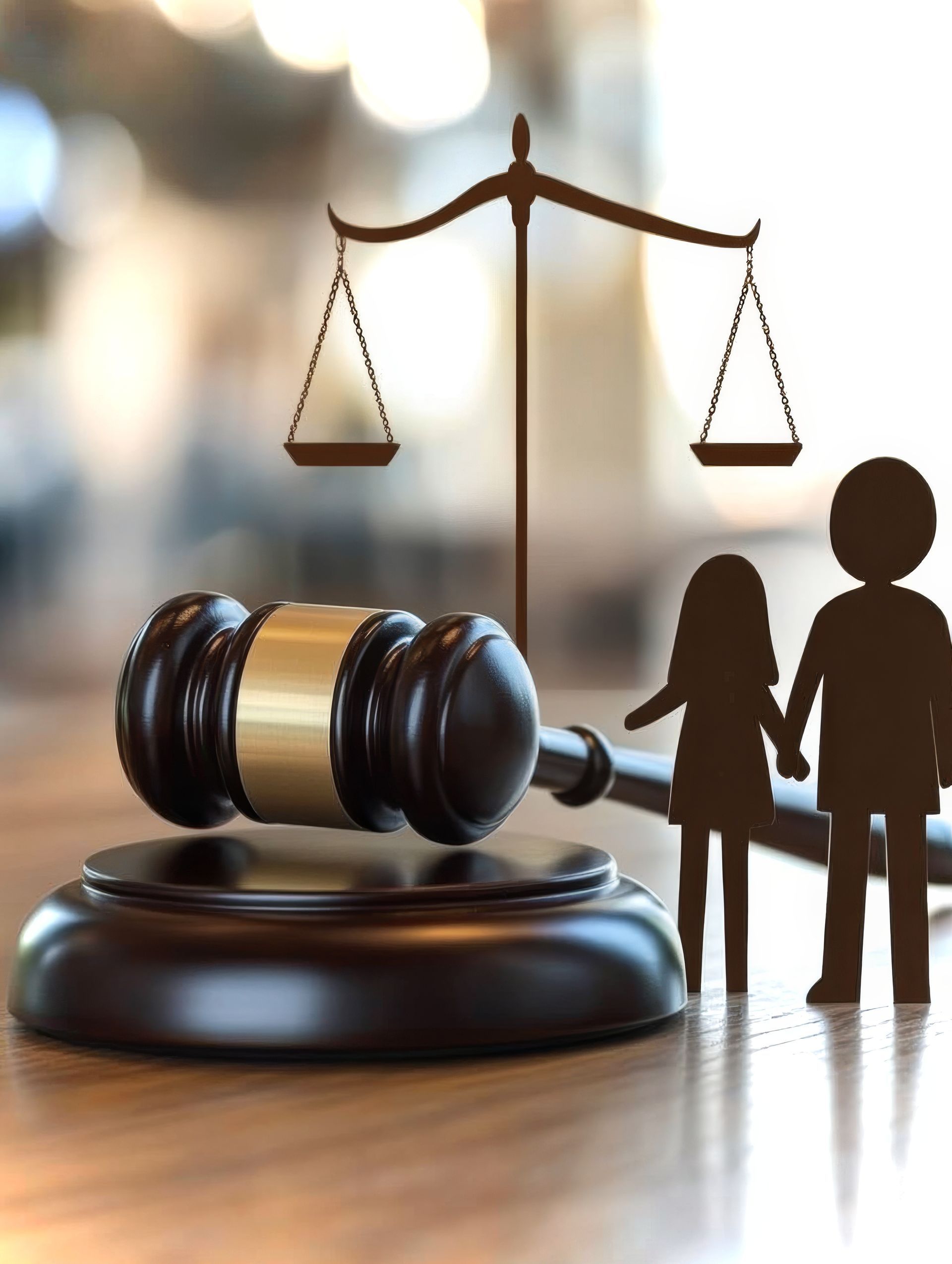 A wooden judge's gavel on a sound block next to a scale of justice and silhouettes of two people on a wooden surface. A wooden judge's gavel on a sound block next to a scale of justice and silhouettes of two people on a wooden surface.