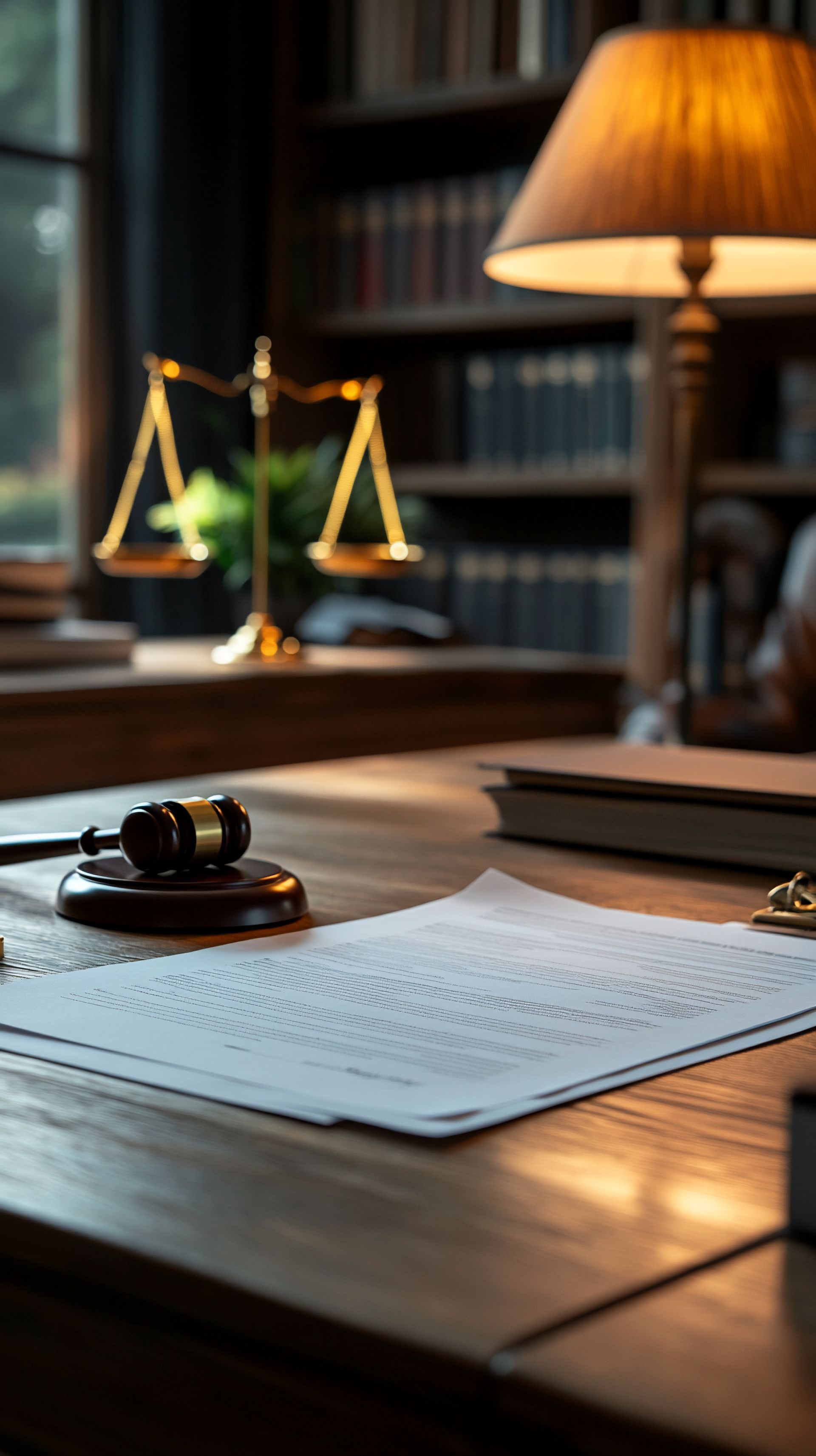 Gavel and legal documents on a wooden desk, with a scale of justice and a desk lamp in a dimly lit library. Gavel and legal documents on a wooden desk, with a scale of justice and a desk lamp in a dimly lit library.