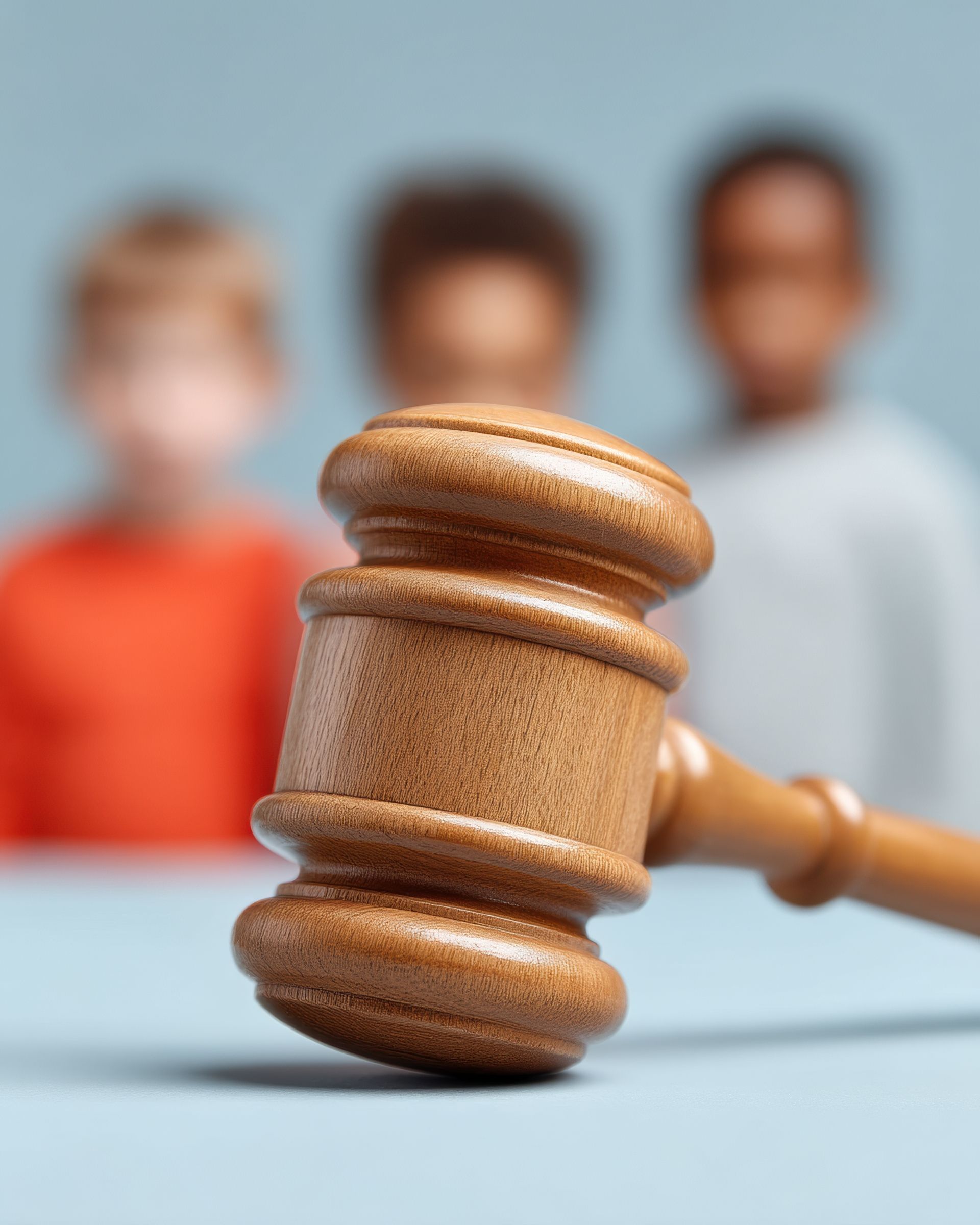 A wooden judge's gavel rests in the foreground, with three blurred, unidentified people standing in the background. A wooden judge's gavel rests in the foreground, with three blurred, unidentified people standing in the background.