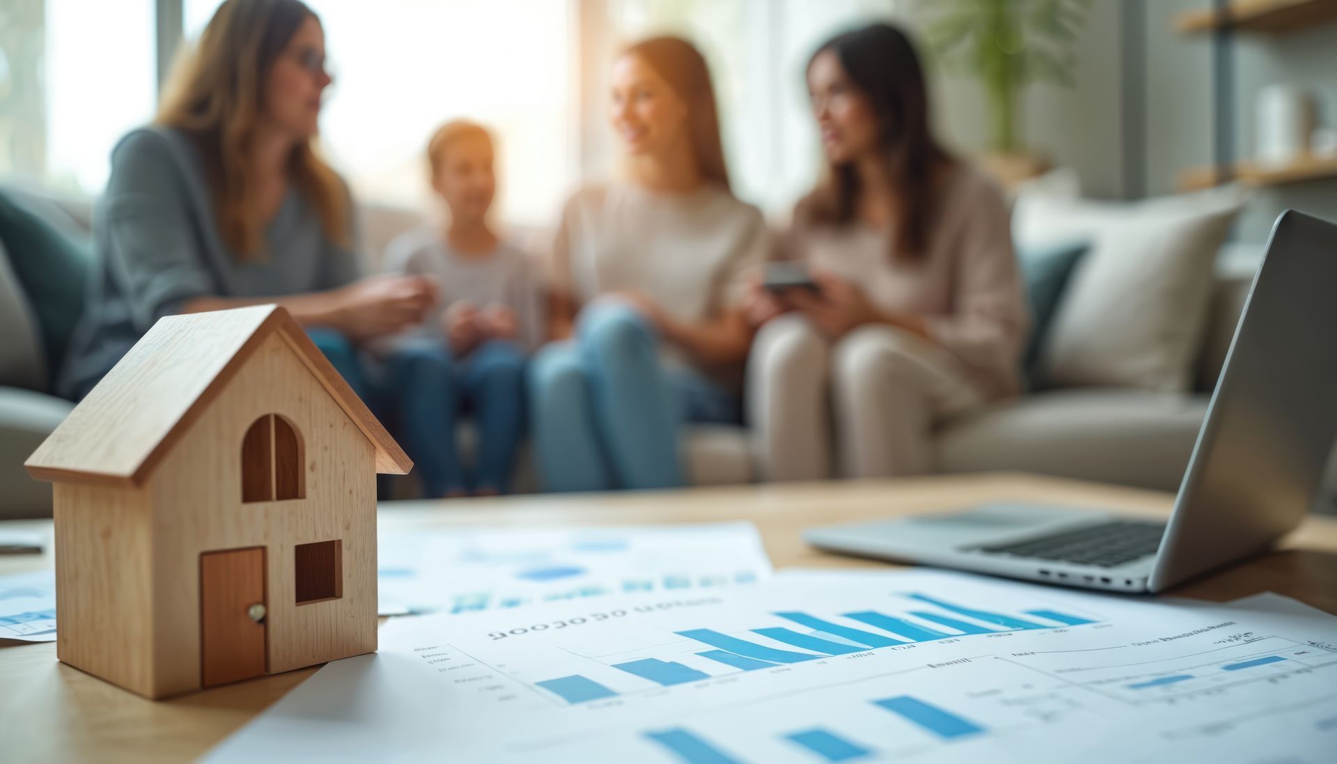 A wooden house model and financial charts on a table, with a blurred group of people sitting on a sofa in the background.