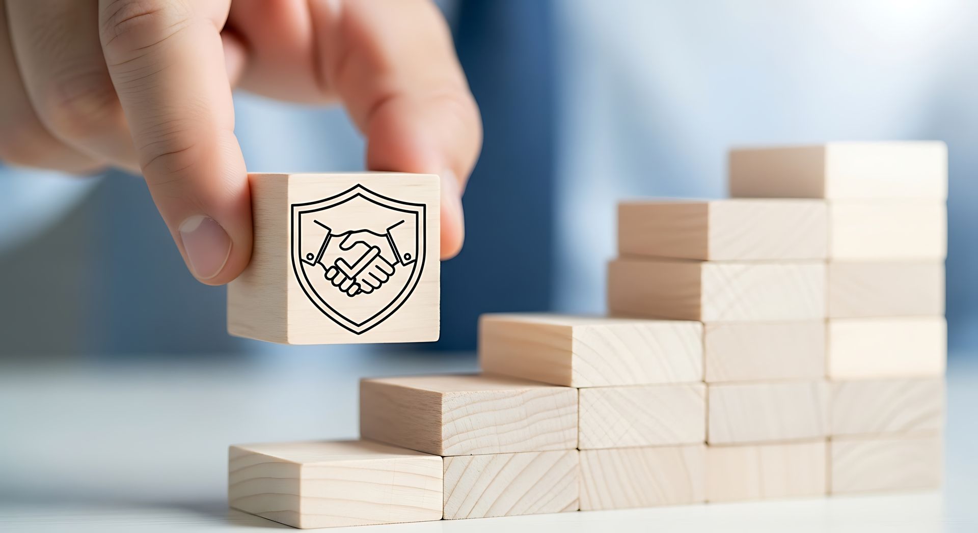 A hand places a wooden block with a shield and handshake icon onto a staircase-shaped stack of wooden blocks. A hand places a wooden block with a shield and handshake icon onto a staircase-shaped stack of wooden blocks.