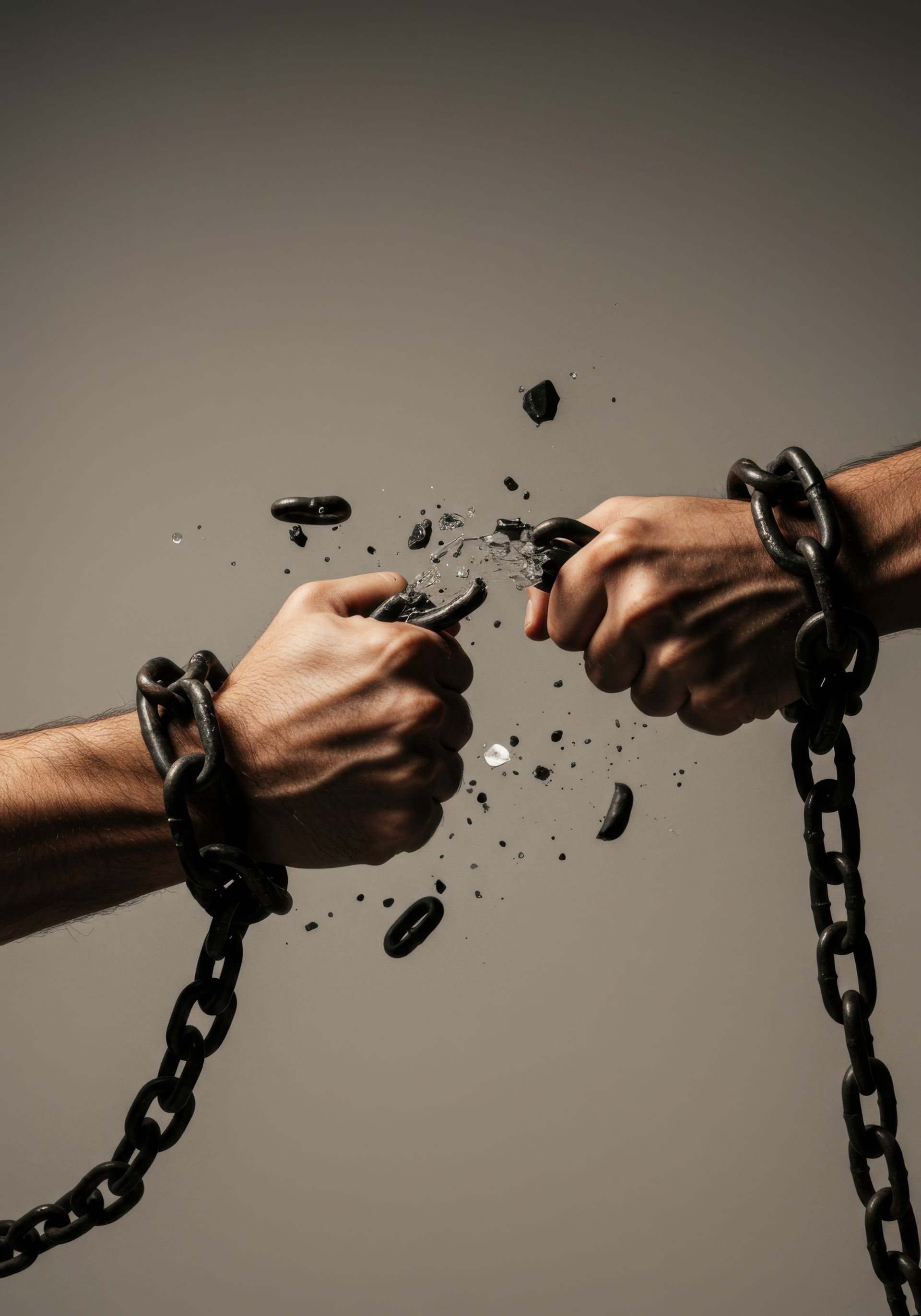 Two hands clenched into fists pull apart, shattering metal chains held at the wrists against a plain background. Two hands clenched into fists pull apart, shattering metal chains held at the wrists against a plain background.