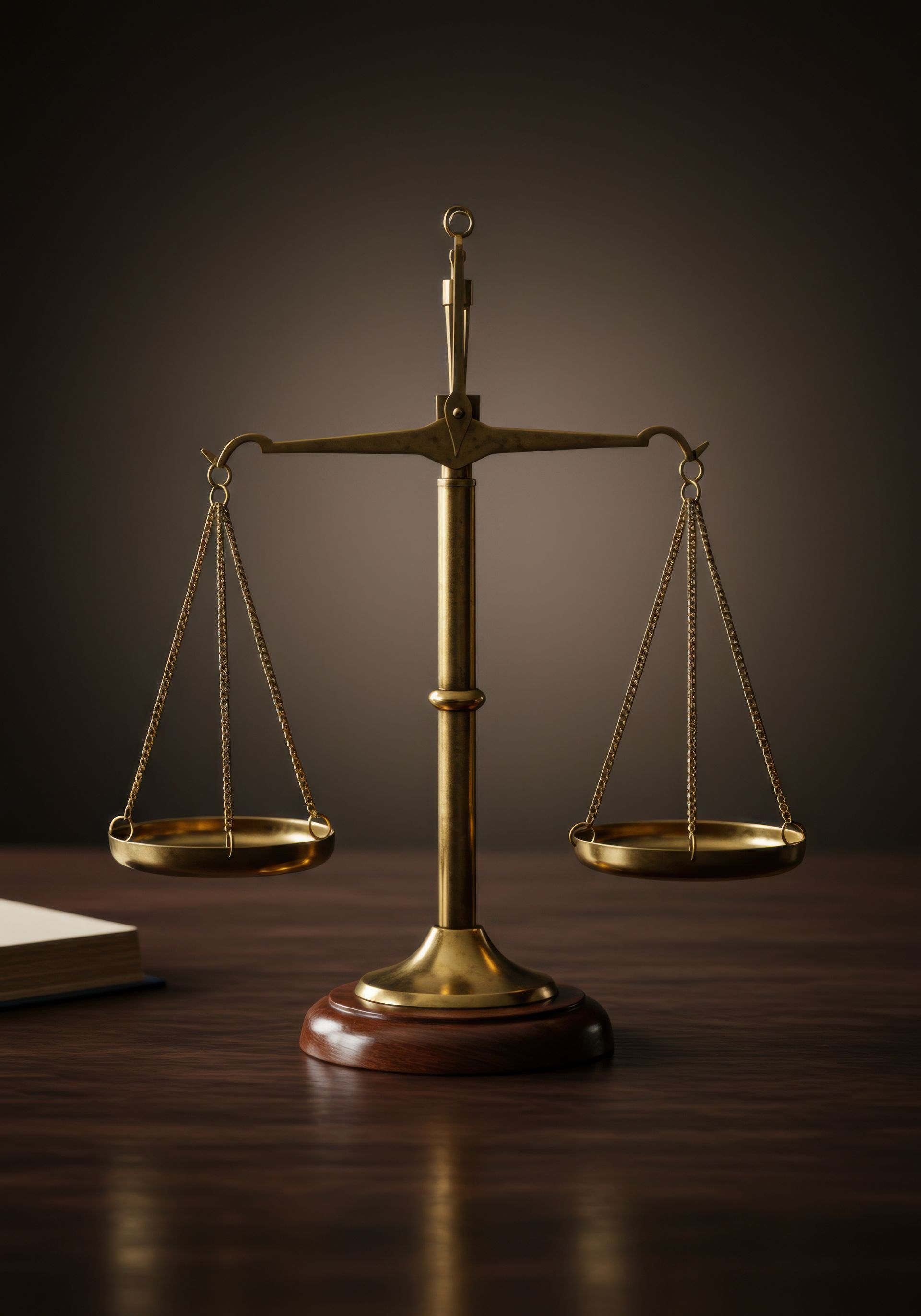 A classic brass balance scale sitting on a dark wooden surface against a moody, shadowed background. A classic brass balance scale sitting on a dark wooden surface against a moody, shadowed background.
