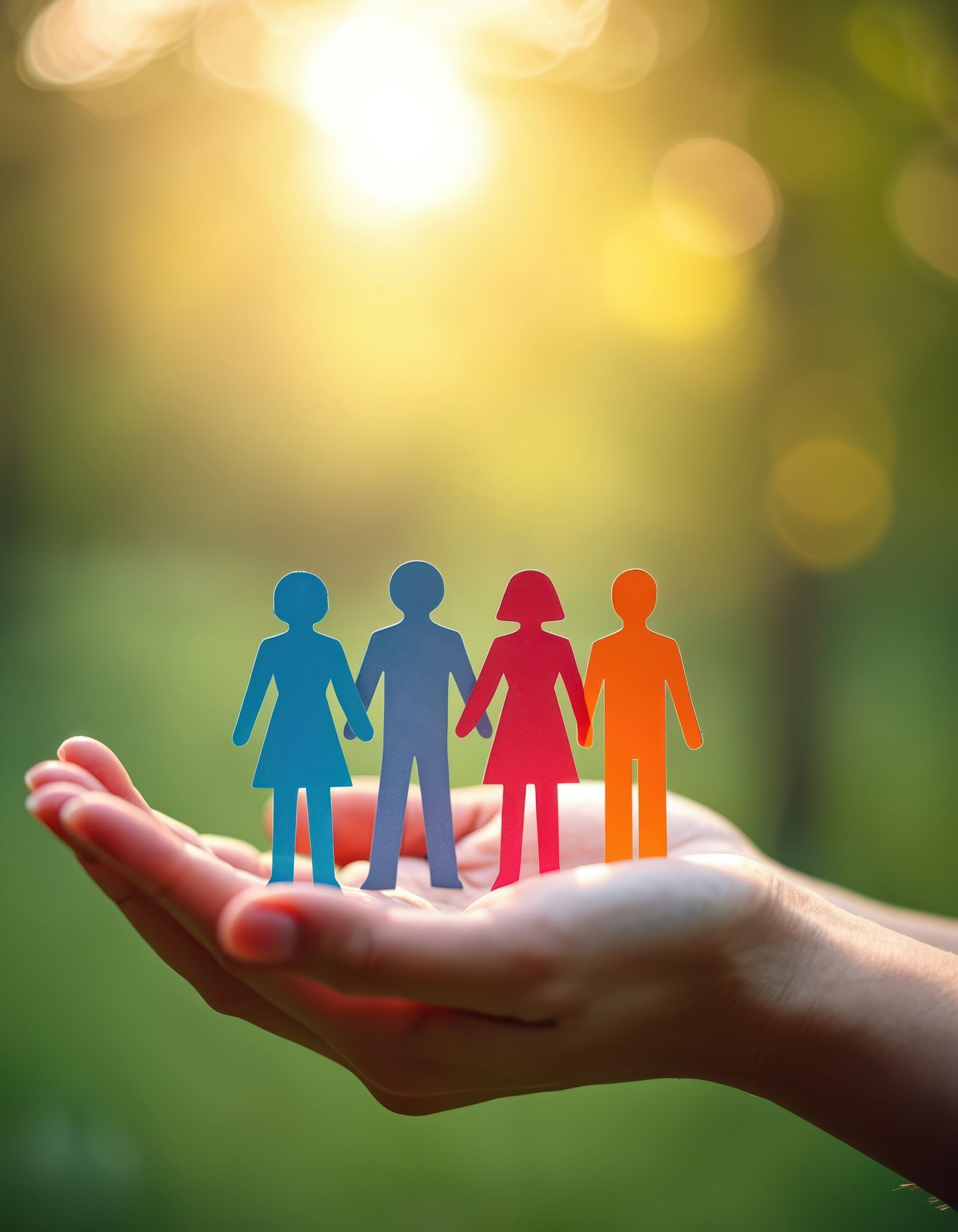 Hands cupped together holding four colorful paper cutouts of people against a blurred, sunlit background. Hands cupped together holding four colorful paper cutouts of people against a blurred, sunlit background.
