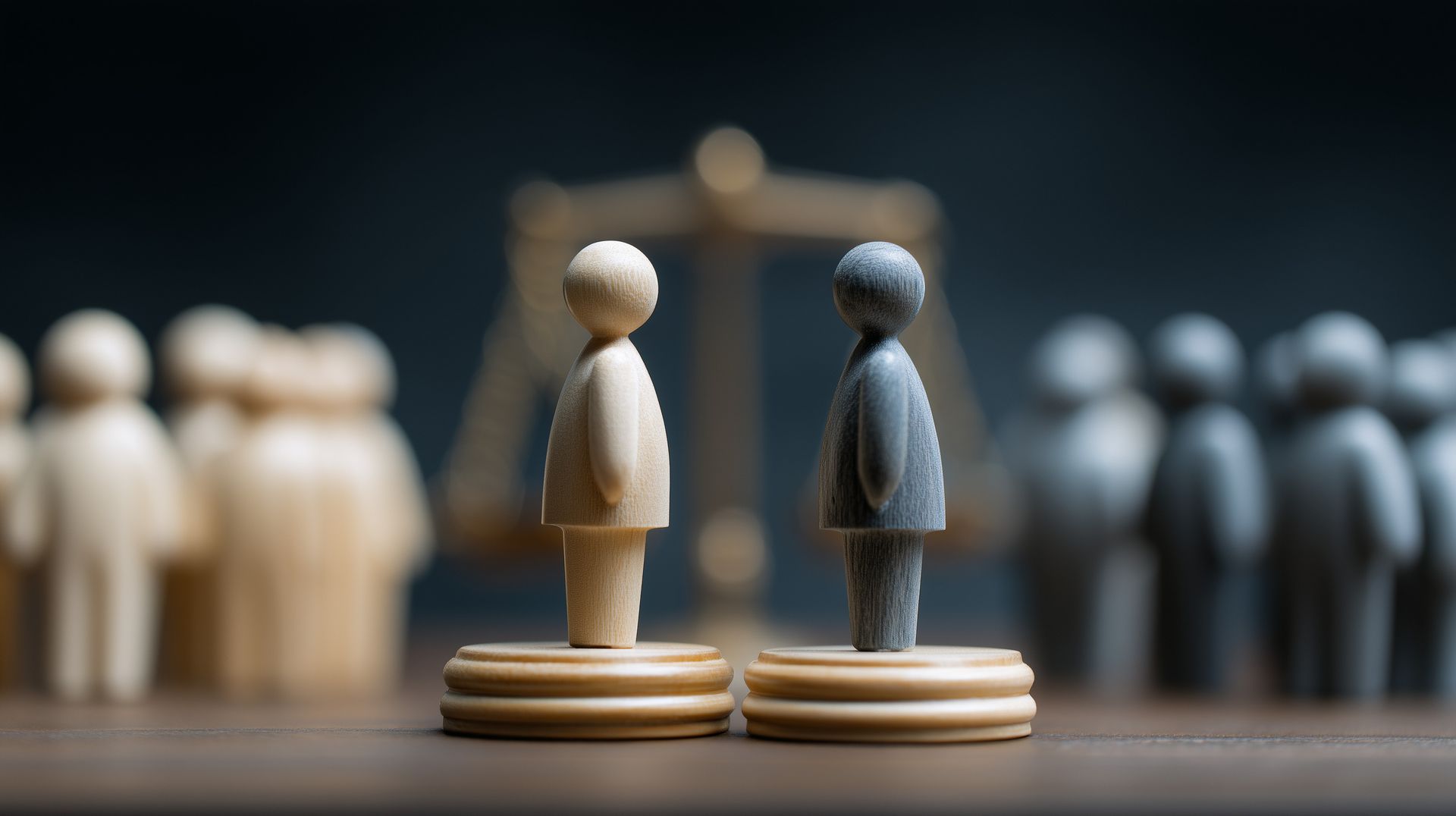 Two wooden figures, one light and one dark, stand on pedestals before a scale of justice with groups of figures behind them.